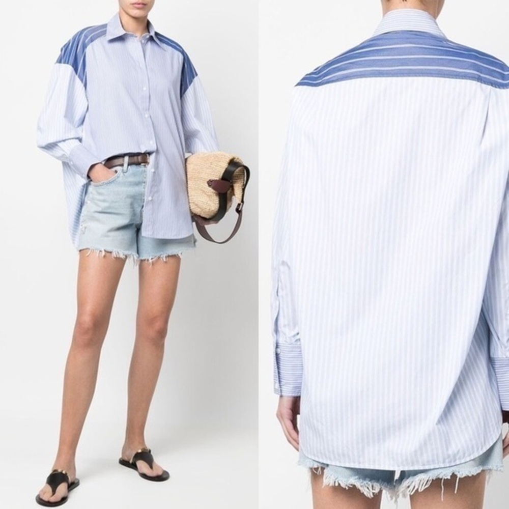 Sandro Oriane Patchwork Stripe Blue Relaxed Long Sleeve Shirt Sz 1 US S (4)